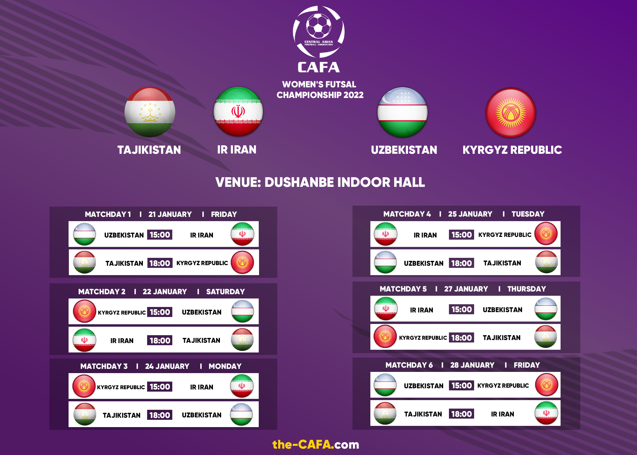 Утвержден календарь игр чемпионата CAFA-2022 по футзалу среди женских  сборных – Федерация Футбола Таджикистана